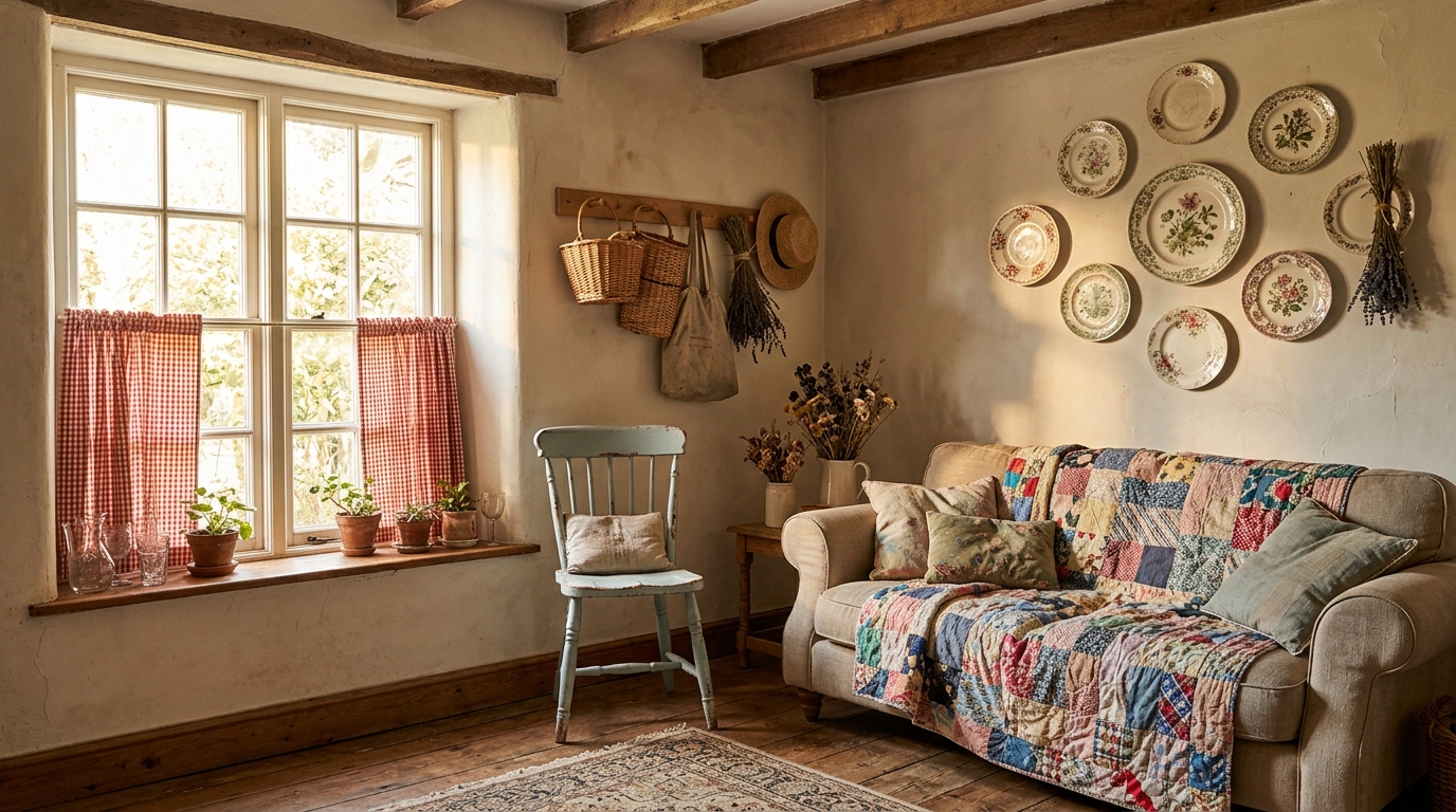 Cozy cottage decor in a sunny room with window grids, gingham cafe curtains, a plate wall, a blue chair, a peg rail, a quilt and dried flowers