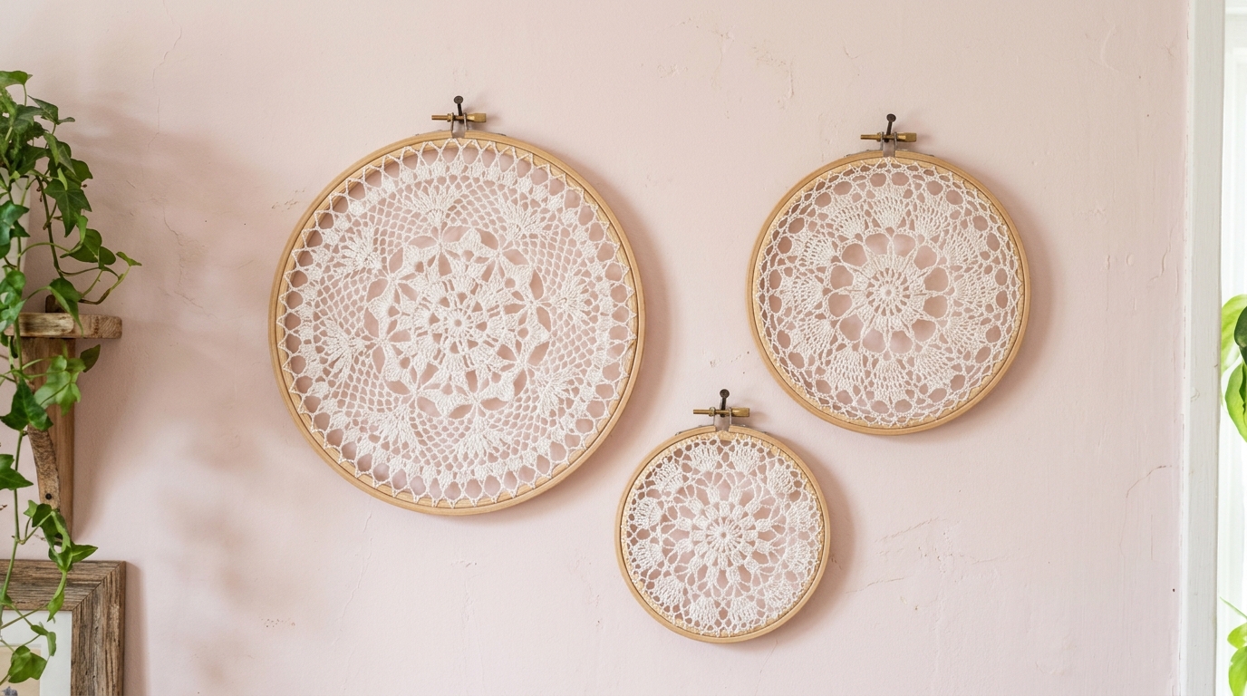 Three white crochet doilies framed in wooden embroidery hoops on a pale pink cottage wall