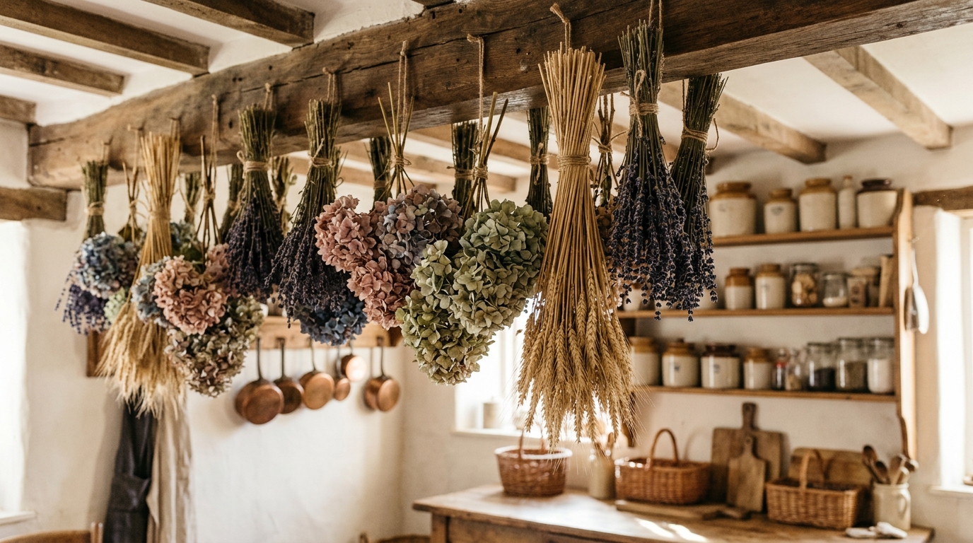 Bundles of dried lavender, hydrangeas and wheat hanging from a wooden beam in a cottage kitchen