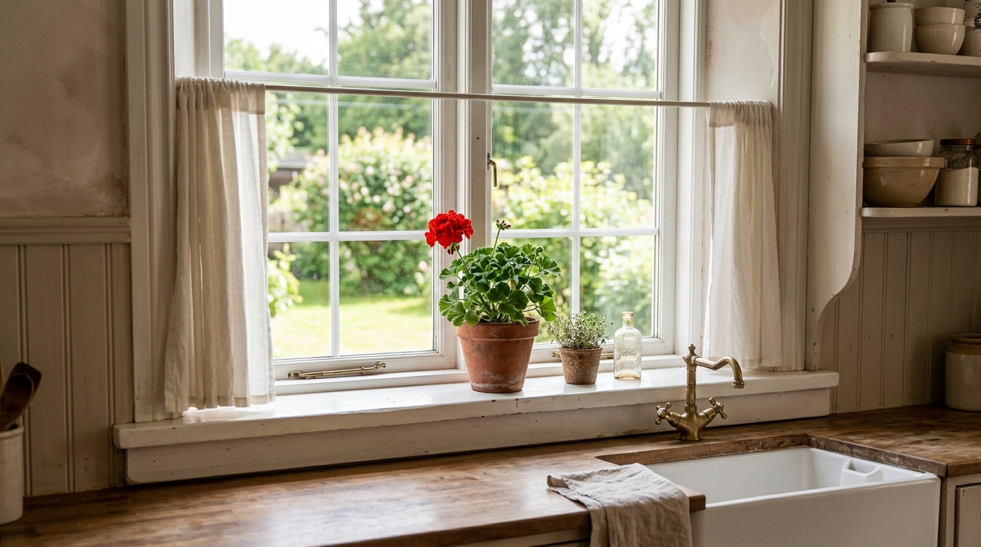 Cozy cottage decor idea: plain window with white stick on divided pane grids and a potted geranium on the sill