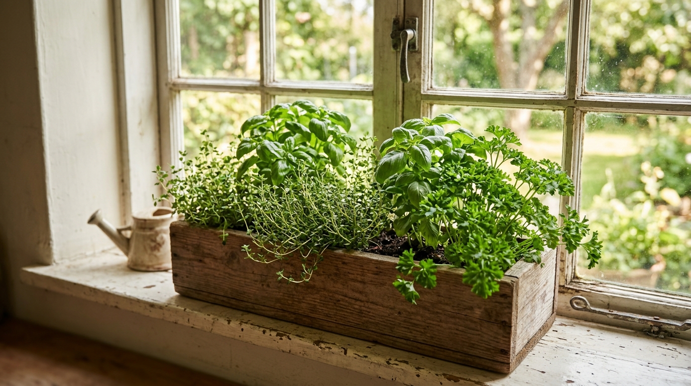 Wooden window box of basil, thyme and parsley inside a cottage kitchen window