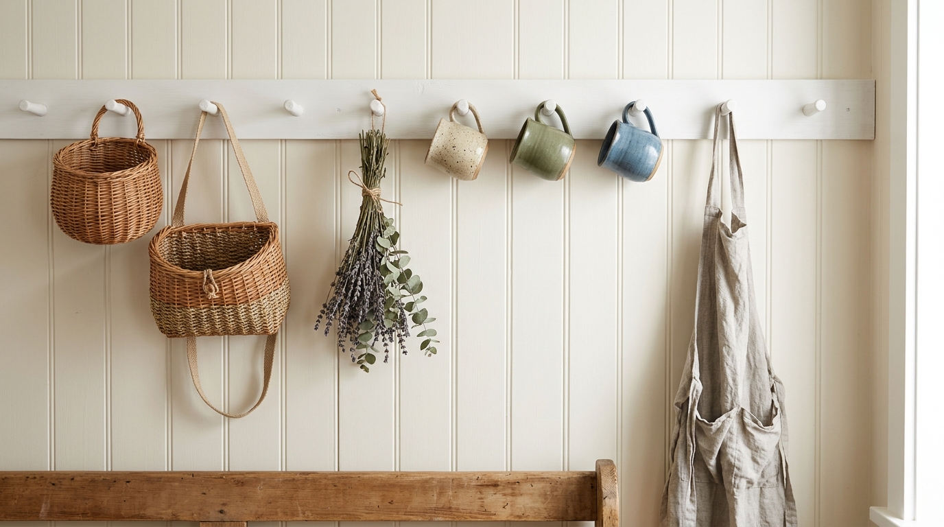 White peg rail on a cottage wall holding woven baskets, mugs and a linen apron