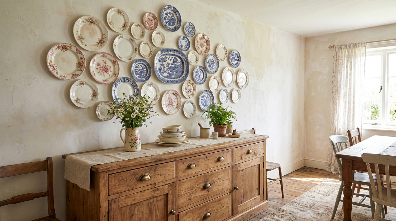 Cozy cottage decor idea: dining room wall covered with mismatched vintage floral and blue and white plates