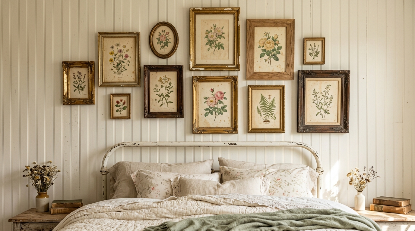 Vintage botanical prints in mismatched gold and wood frames above a cottage bed