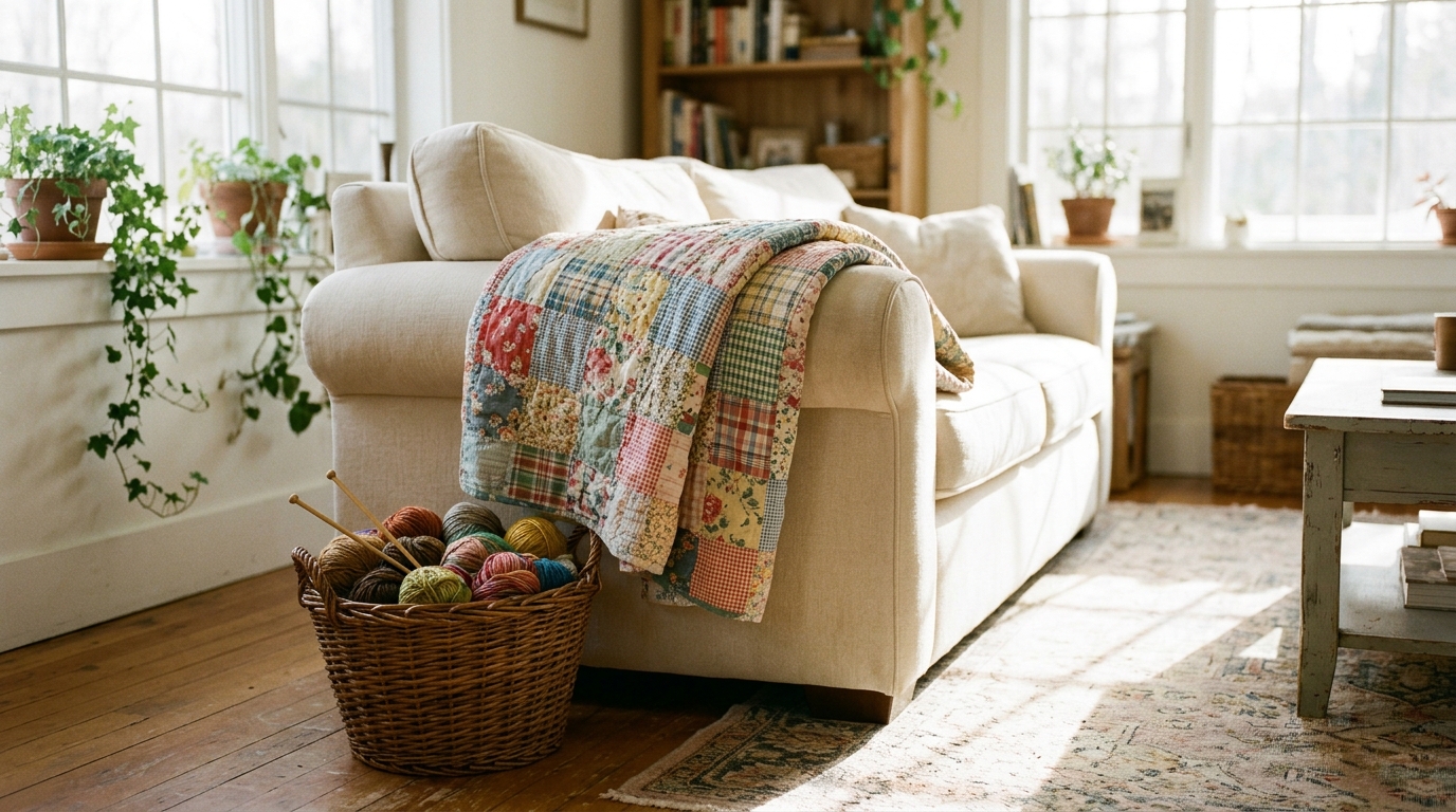Cozy cottage decor: colorful vintage patchwork quilt draped over a cream sofa in a sunny cottage living room
