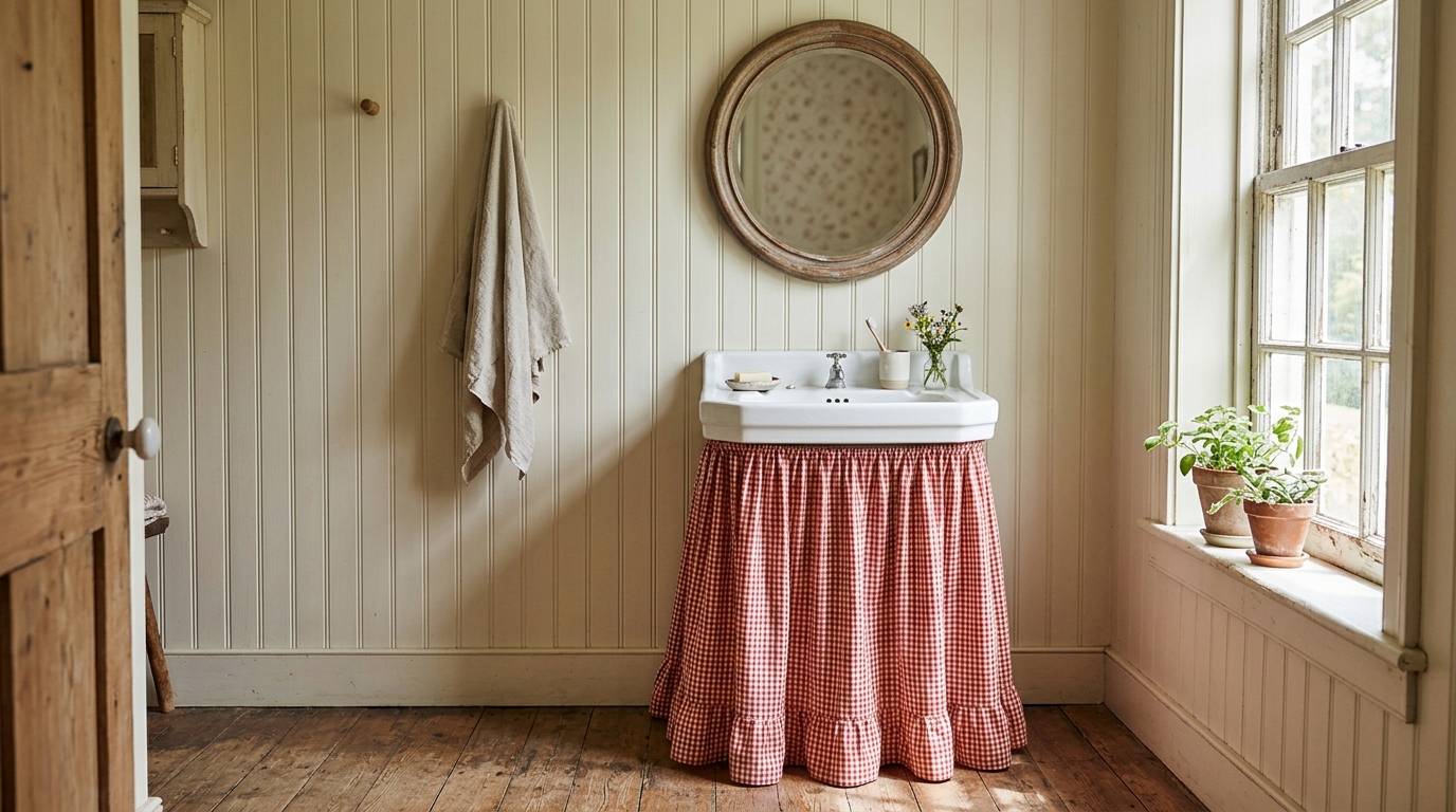 Small cottage bathroom sink with a red gingham fabric skirt hiding the pipes