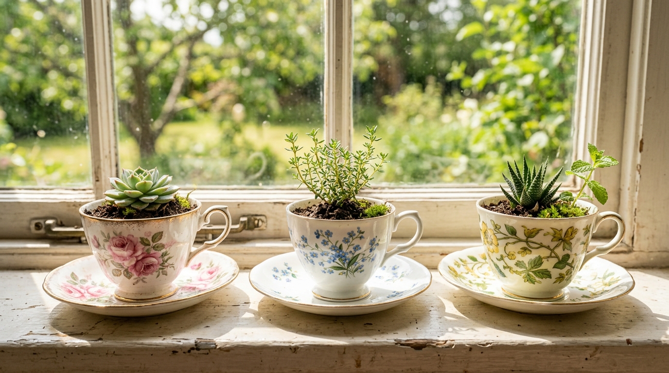 Three vintage floral teacups used as tiny planters with succulents on a sunny windowsill