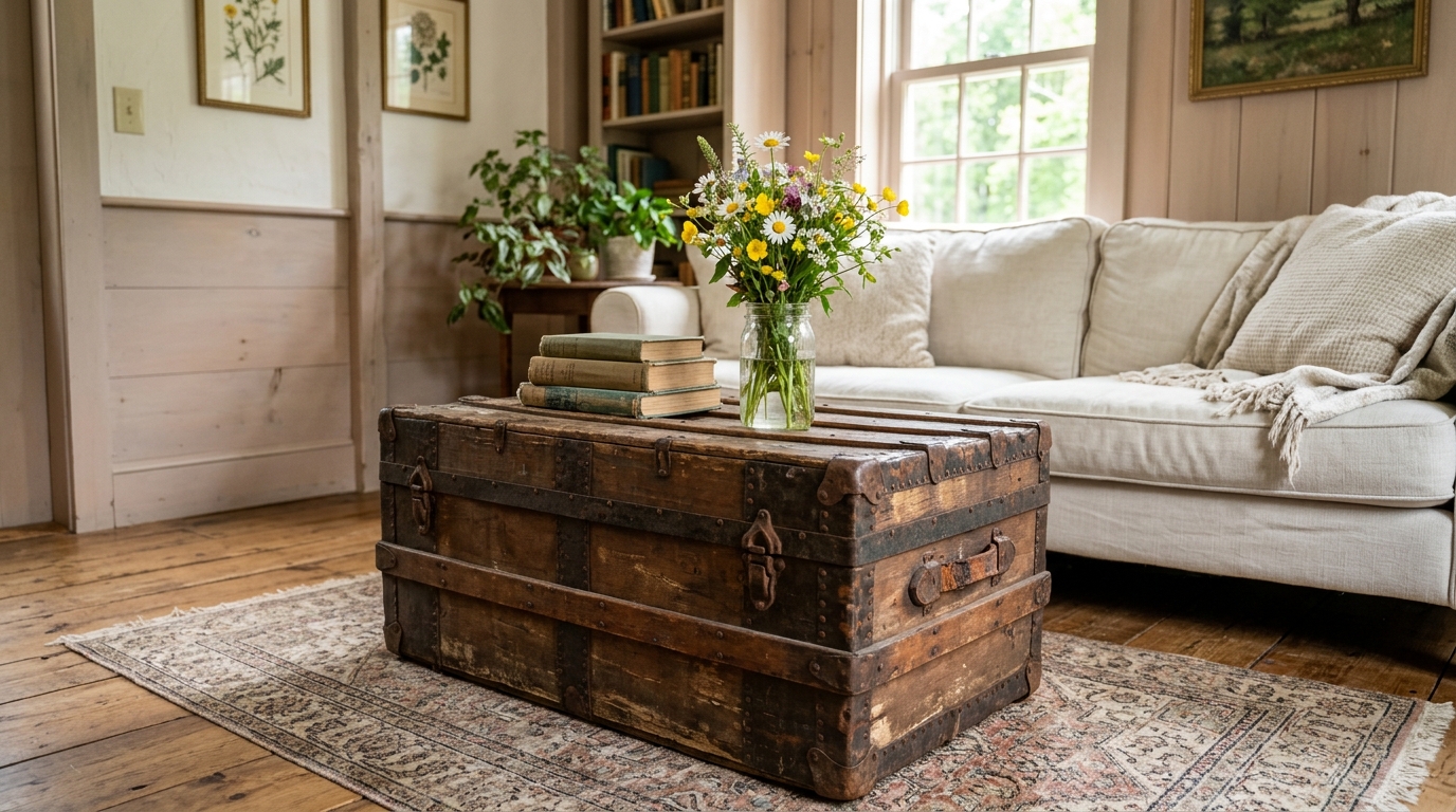Old wooden steamer trunk used as a coffee table with books and wildflowers on top