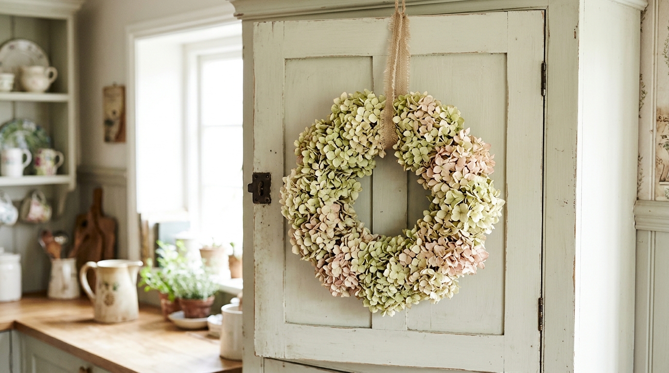 Dried hydrangea wreath in pale green and pink hanging on a painted cottage cupboard door