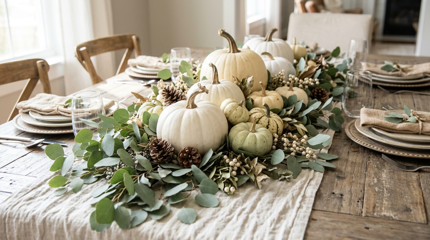Thanksgiving centerpiece of white and cream painted pumpkins with eucalyptus and gourds