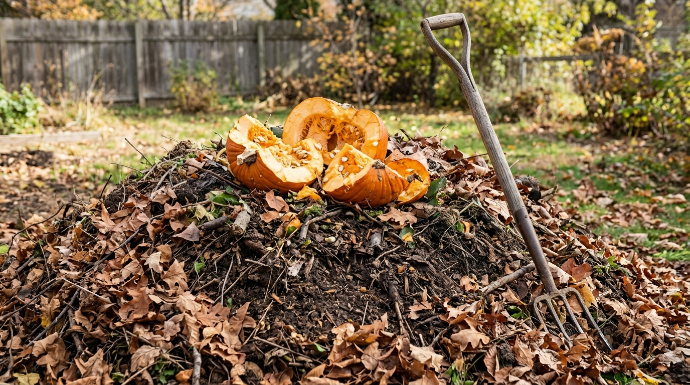 Leftover pumpkin ideas for the garden: broken pumpkin chunks on a compost pile with leaves