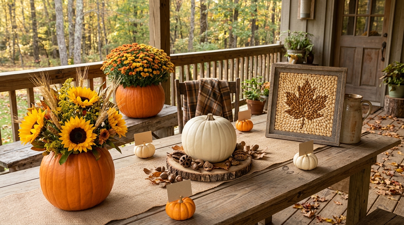 Leftover pumpkin ideas on a fall porch: a pumpkin planter with mums, a white pumpkin centerpiece, seed mosaic art, mini pumpkin place cards and a pumpkin vase