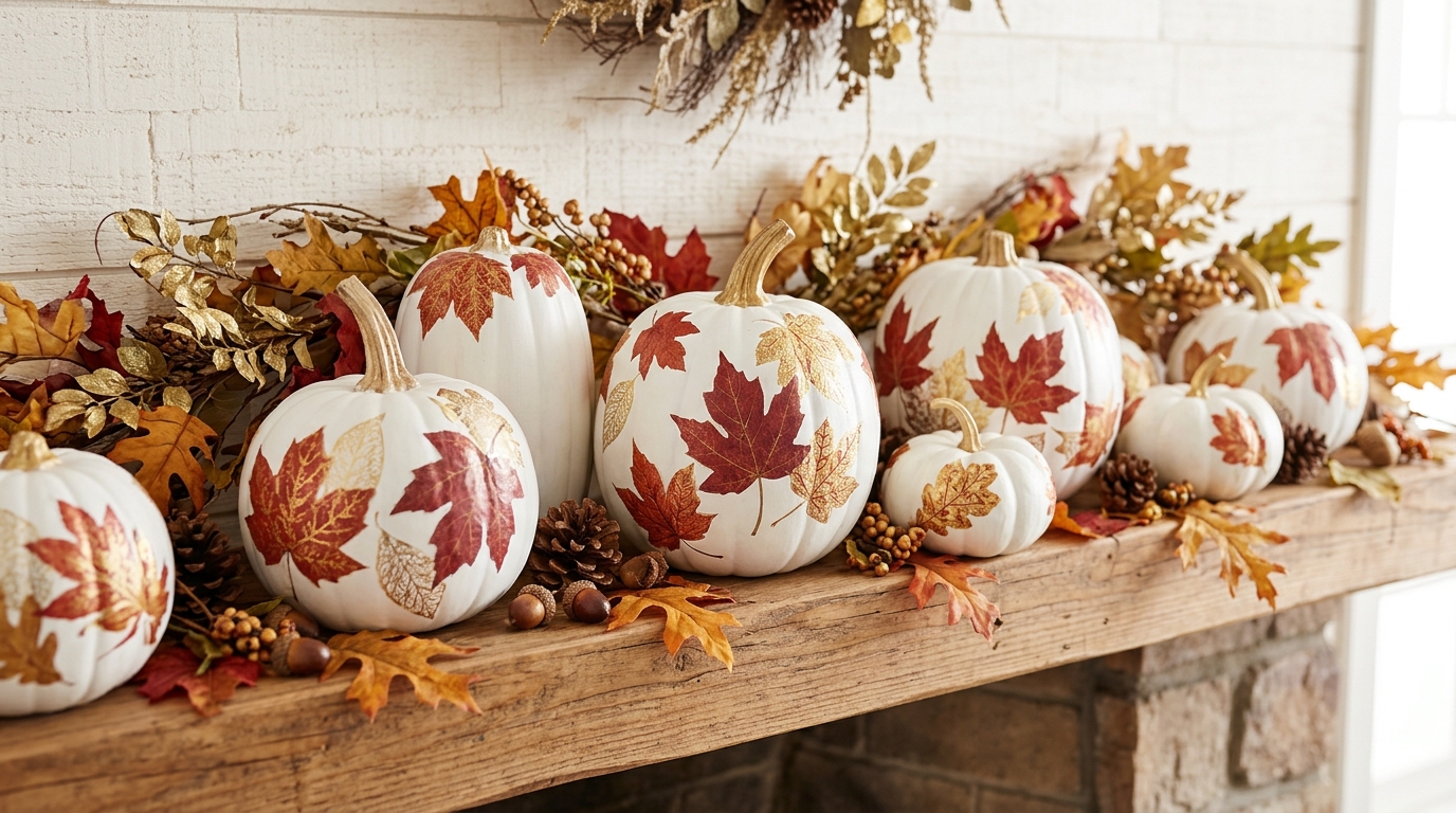 White painted pumpkins with decoupage paper autumn leaves on a mantel