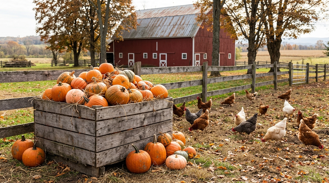Wooden crate of whole uncarved pumpkins by a farm fence with chickens and a red barn