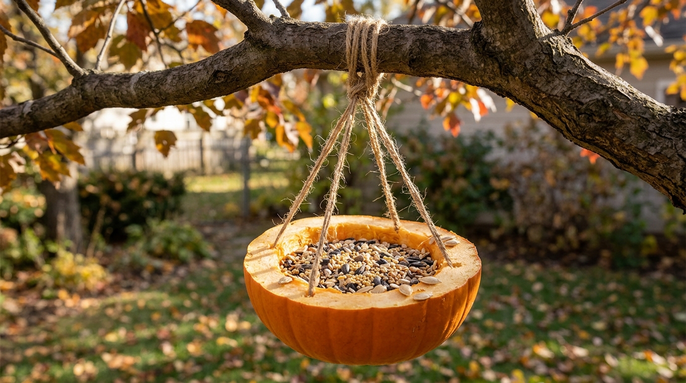 Leftover pumpkin ideas for birds: half a fresh pumpkin shell filled with birdseed hanging from a tree branch with twine