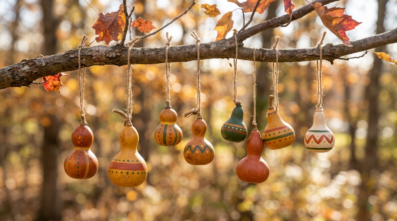 Small dried gourds painted with stripes and dots hanging as ornaments from twine on a branch