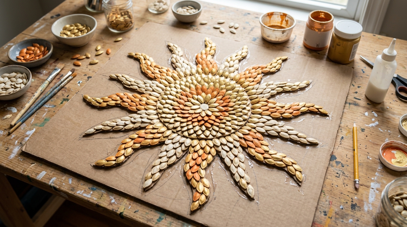 Leftover pumpkin ideas for kids: mosaic sun made from dried pumpkin seeds glued on cardboard, some painted gold and orange