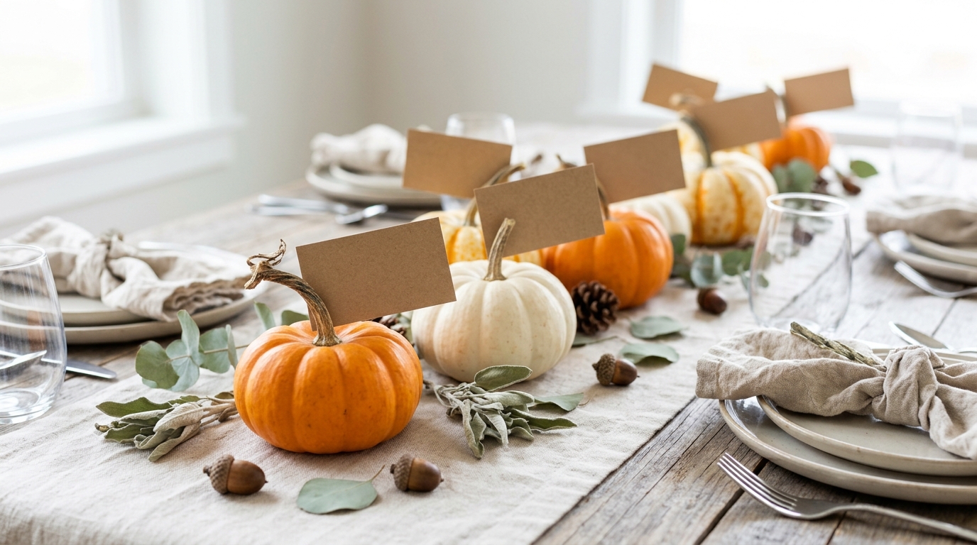 Leftover pumpkin ideas: mini pumpkins on a dinner table holding blank kraft paper place cards in their stems