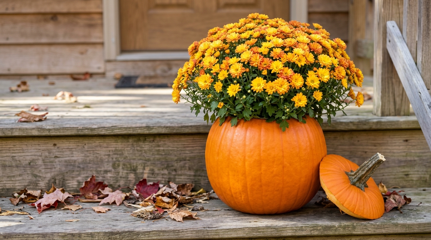 Leftover pumpkin ideas: uncarved orange pumpkin used as a planter full of yellow and orange mums on porch steps