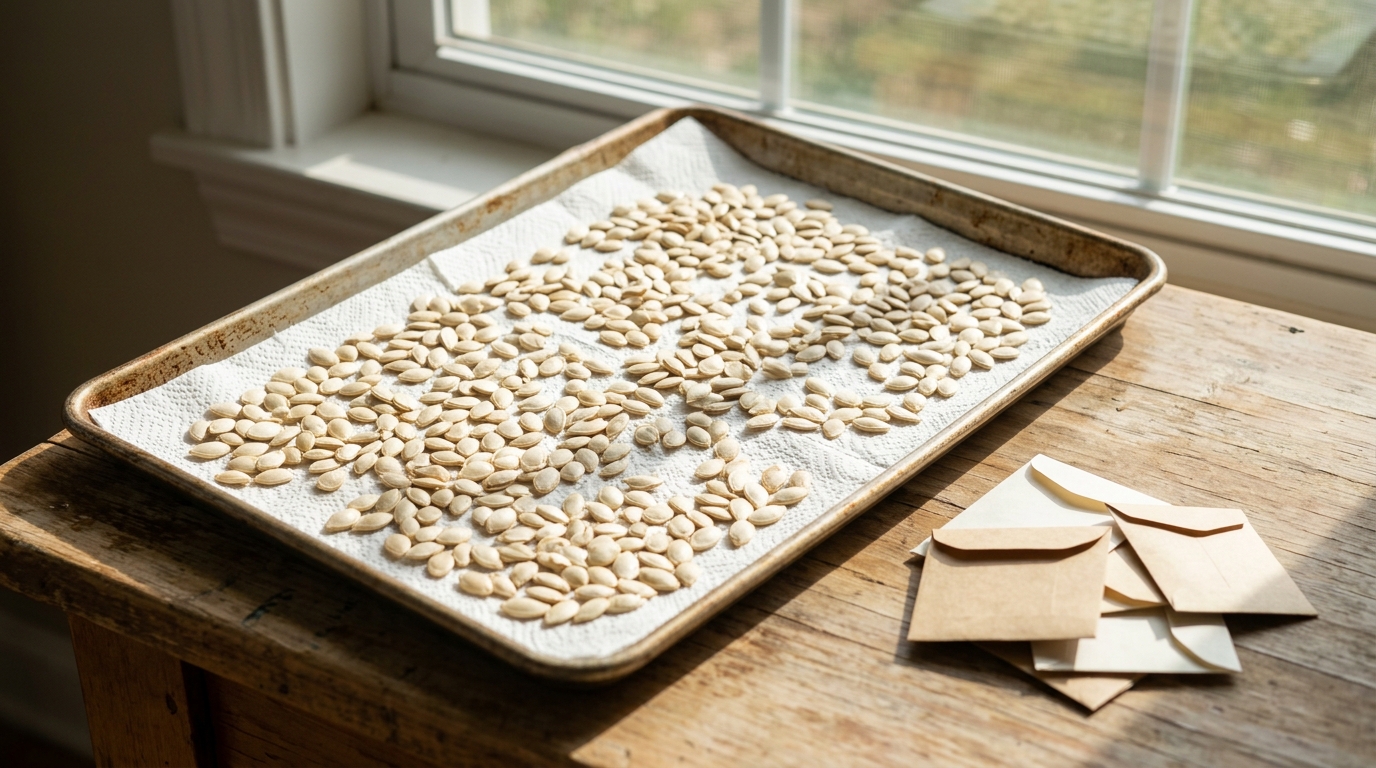 Pumpkin seeds drying on a paper towel on a baking sheet with small seed envelopes