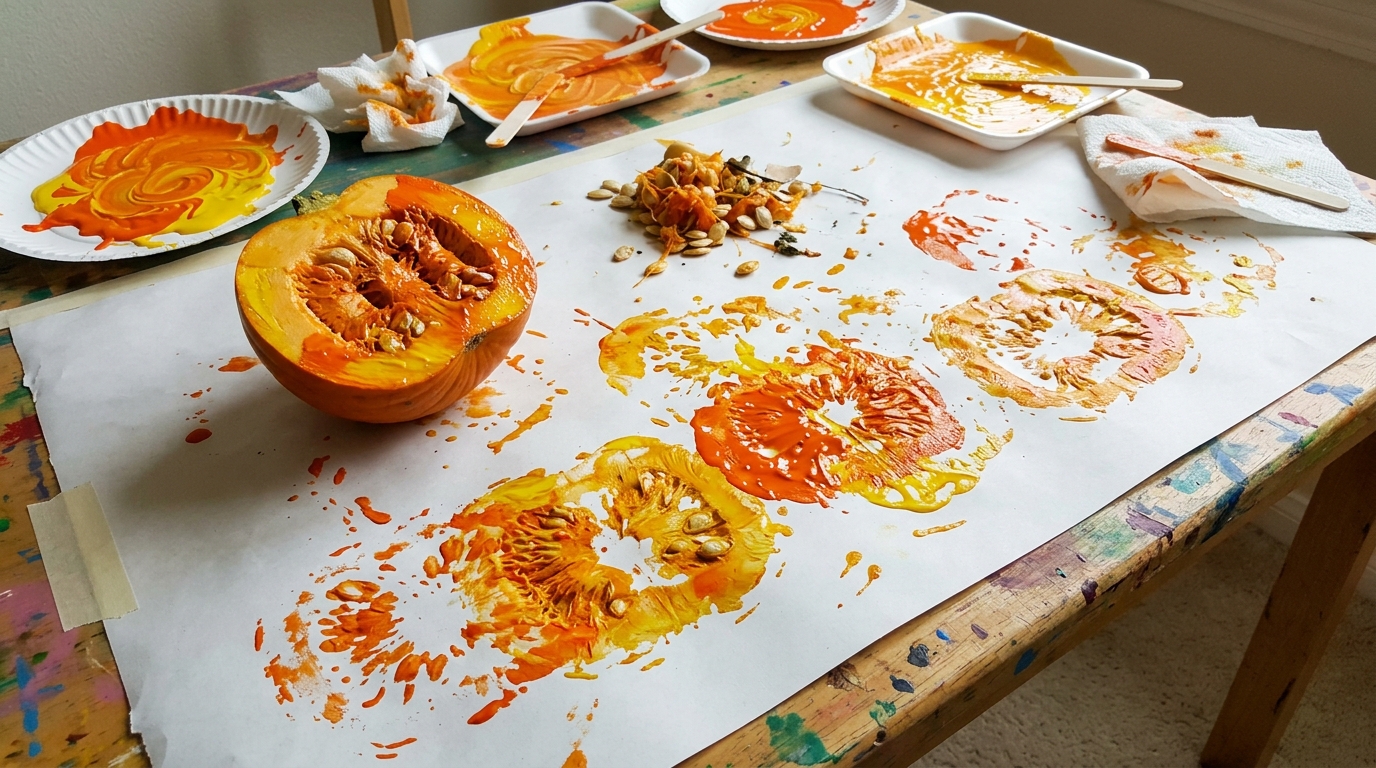 Pumpkin half used as a stamp with orange and yellow paint prints on kraft paper
