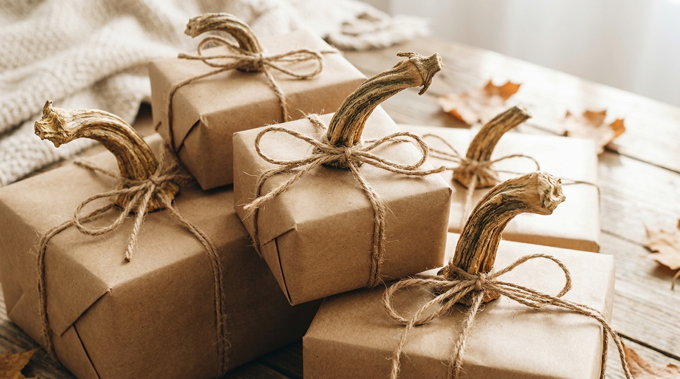 Dried pumpkin stems tied with twine on top of brown paper wrapped gift boxes