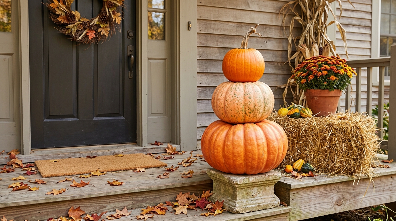 Pumpkin topiary tower of three stacked pumpkins by a front door with a hay bale and leaves