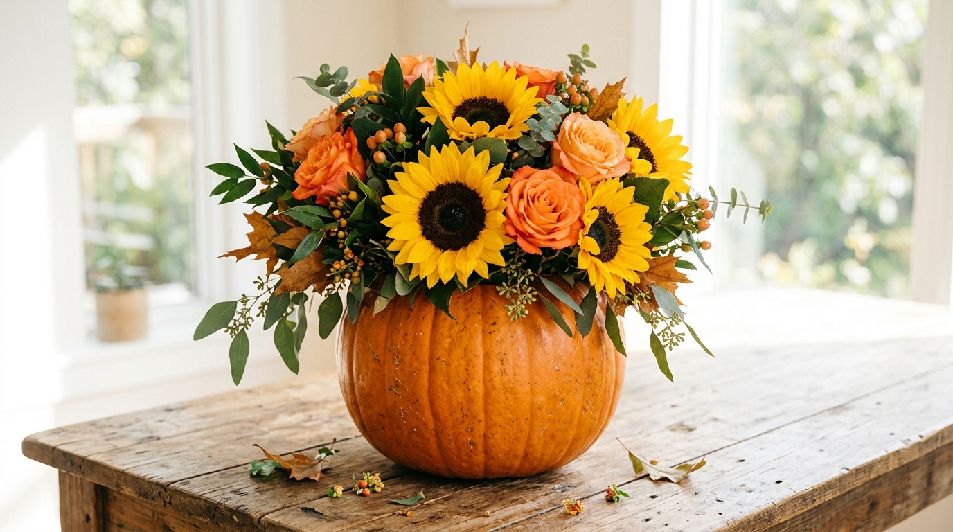 Leftover pumpkin ideas: hollowed orange pumpkin used as a vase with sunflowers and orange roses
