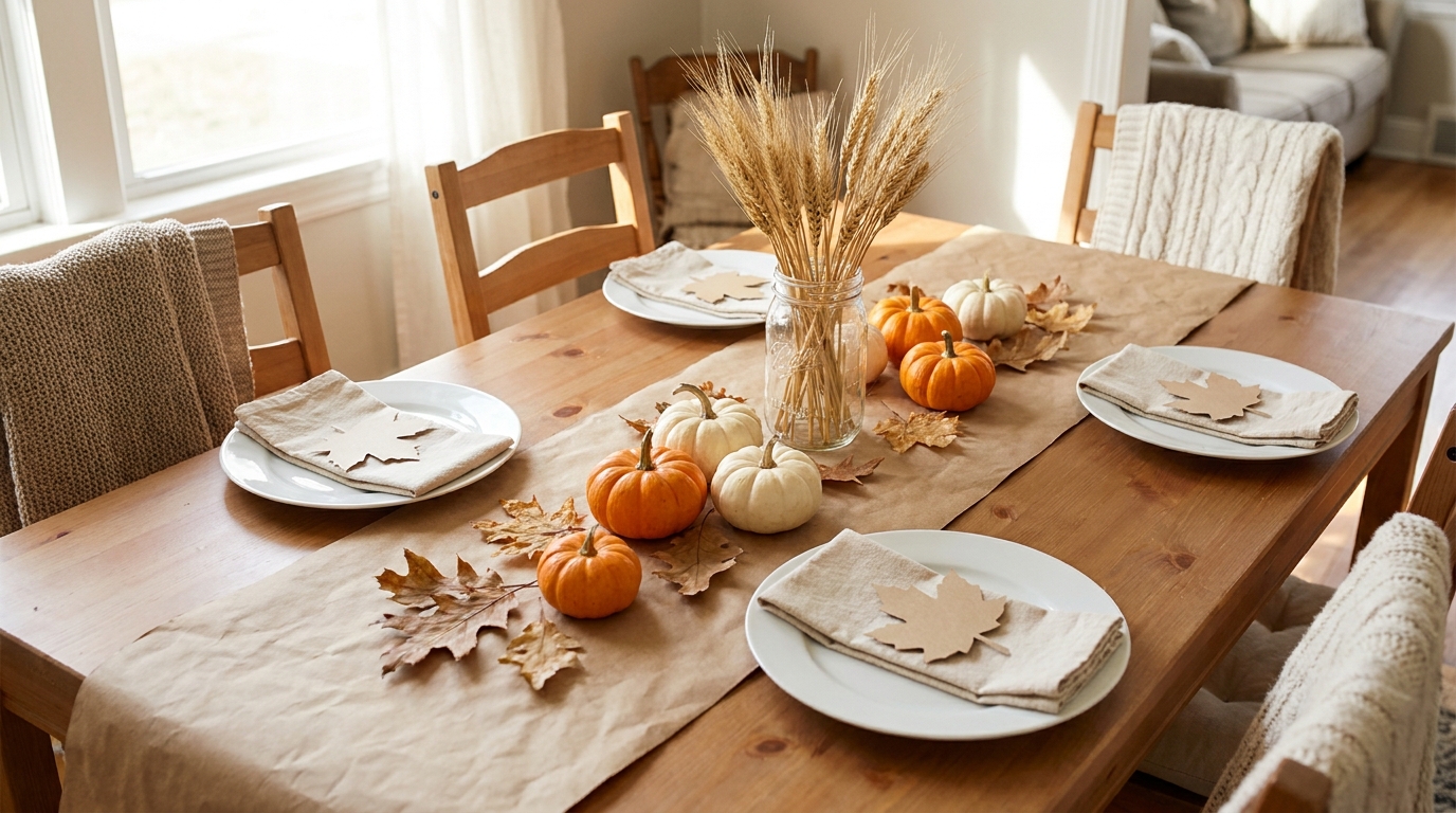 Cheap Thanksgiving decor on a wooden table with a kraft paper runner, mini pumpkins, dried leaves, wheat in a jar and paper leaf place cards