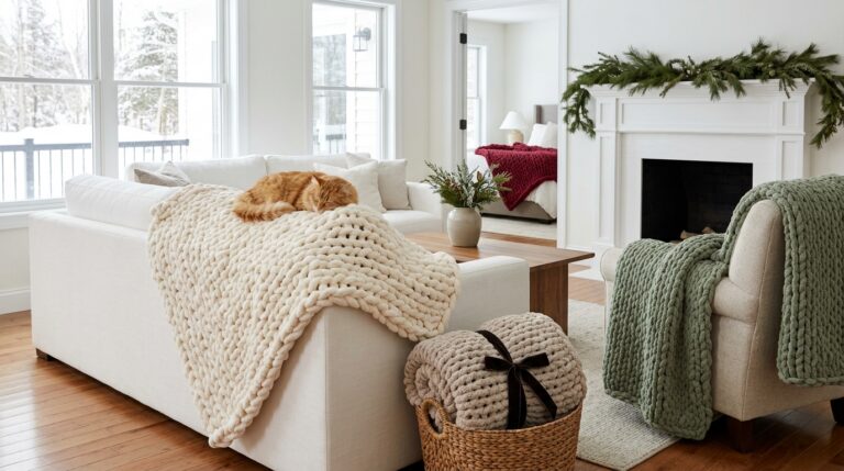Chunky knit blankets in cream, sage and red draped on a sofa, armchair and bed in a bright winter living room
