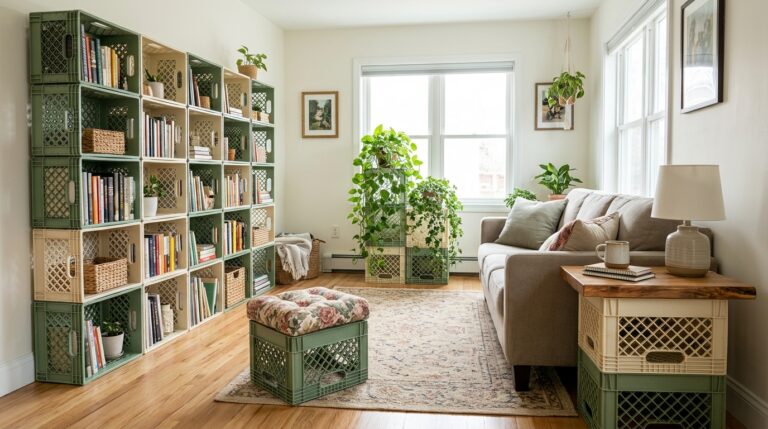 Milk crate ideas in a bright living room with a crate bookshelf wall, a cushioned crate stool and a crate plant stand