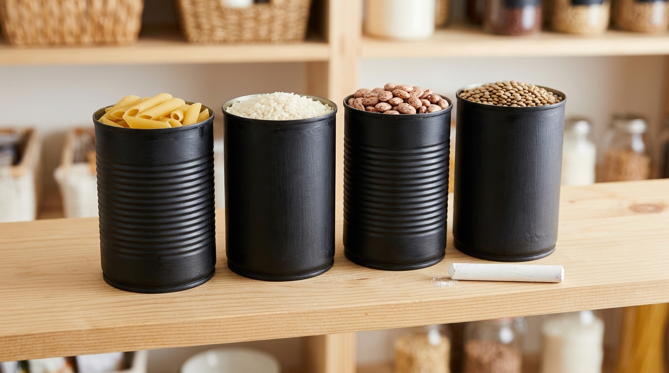 Chalkboard painted cans on a pantry shelf holding pasta, rice and beans