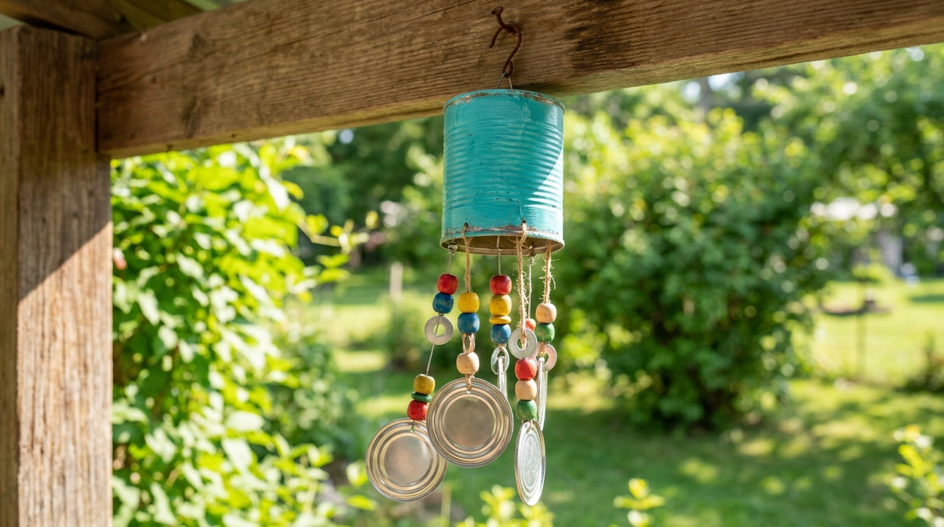 Homemade wind chime made from a turquoise can, wooden beads and shiny can lids on a porch