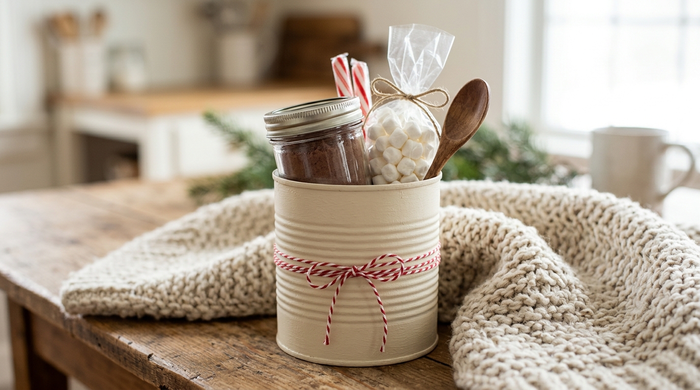 Cream painted can with red and white twine holding a hot cocoa gift kit