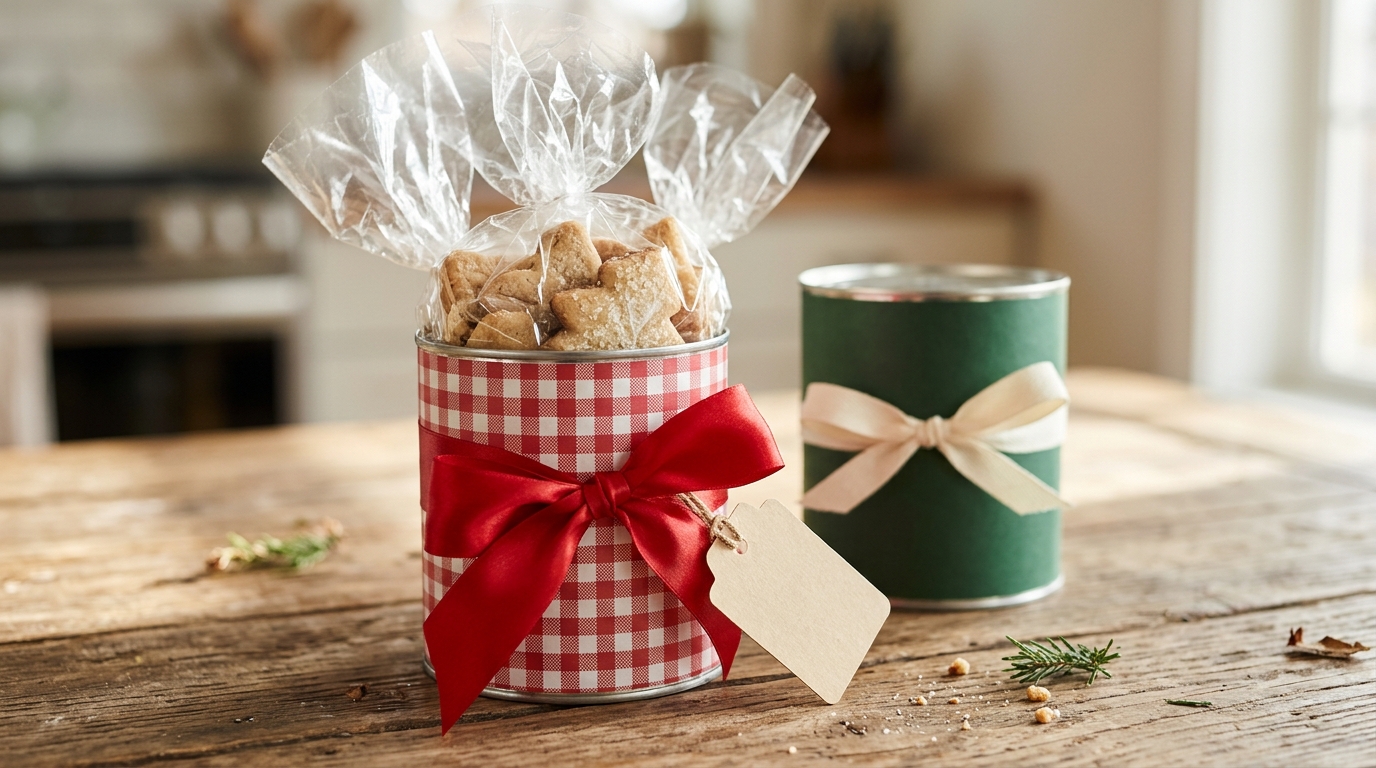 Can covered in red checked paper with a red ribbon bow and wrapped sugar cookies inside