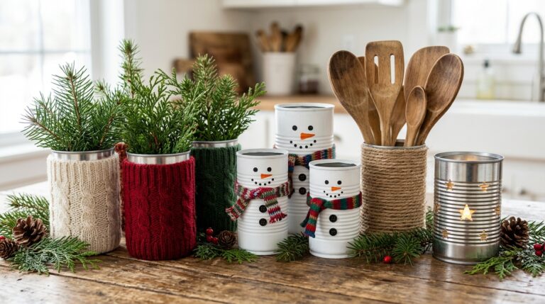 Tin can crafts on a farmhouse table, sweater sock planters, snowman cans, a jute utensil can and a star lantern