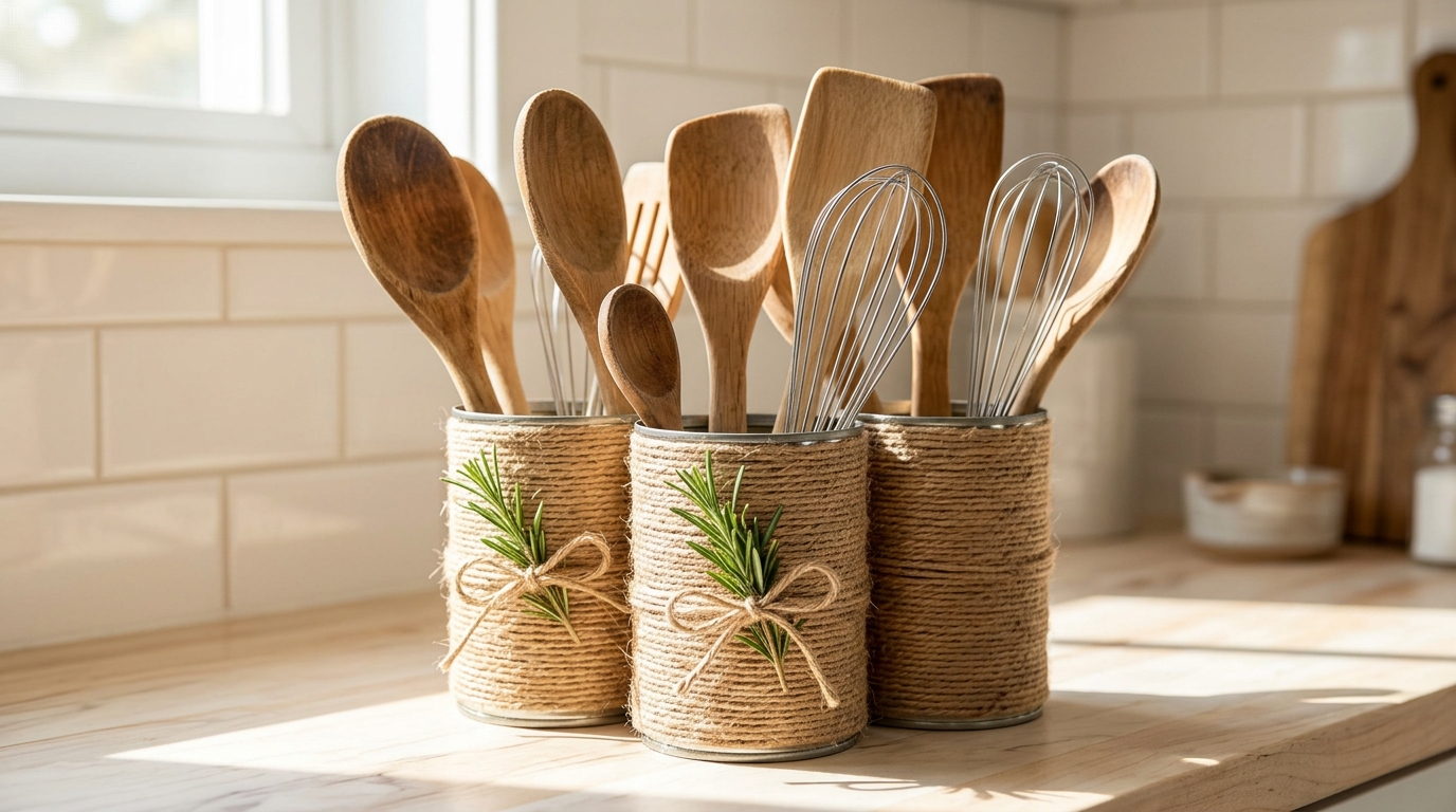 Three cans wrapped in natural jute twine holding wooden spoons and whisks on a kitchen counter