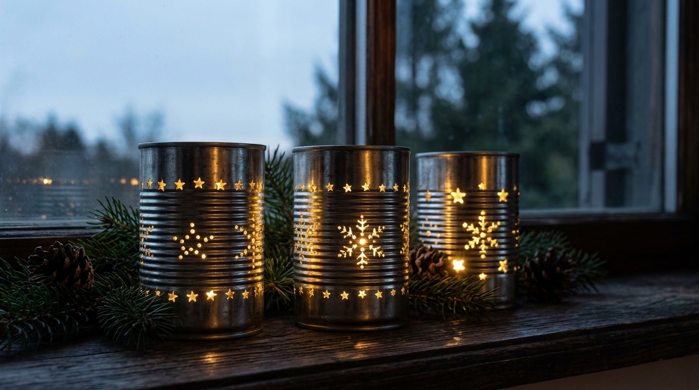 Tin can crafts lanterns with punched star patterns glowing from battery LED lights