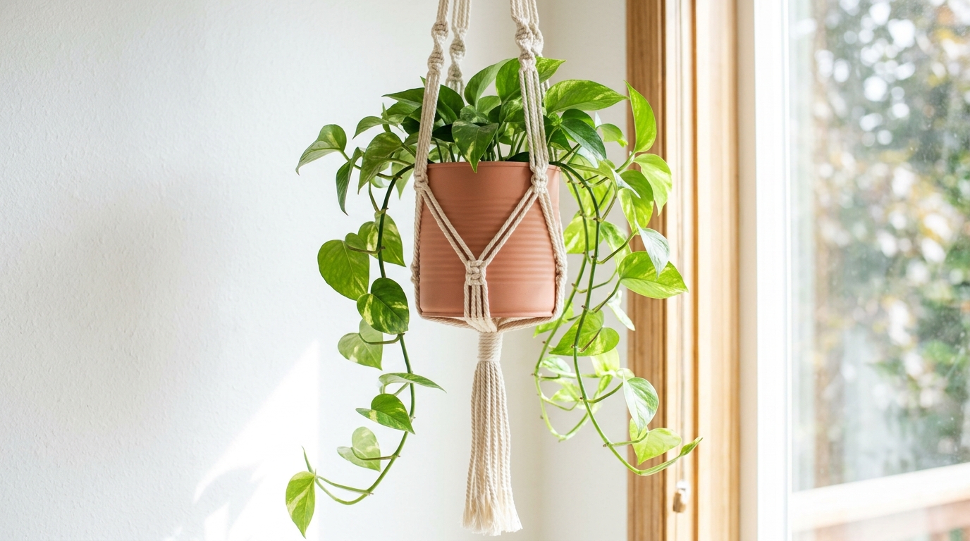 Macrame hanger holding a terracotta painted can with a trailing pothos plant