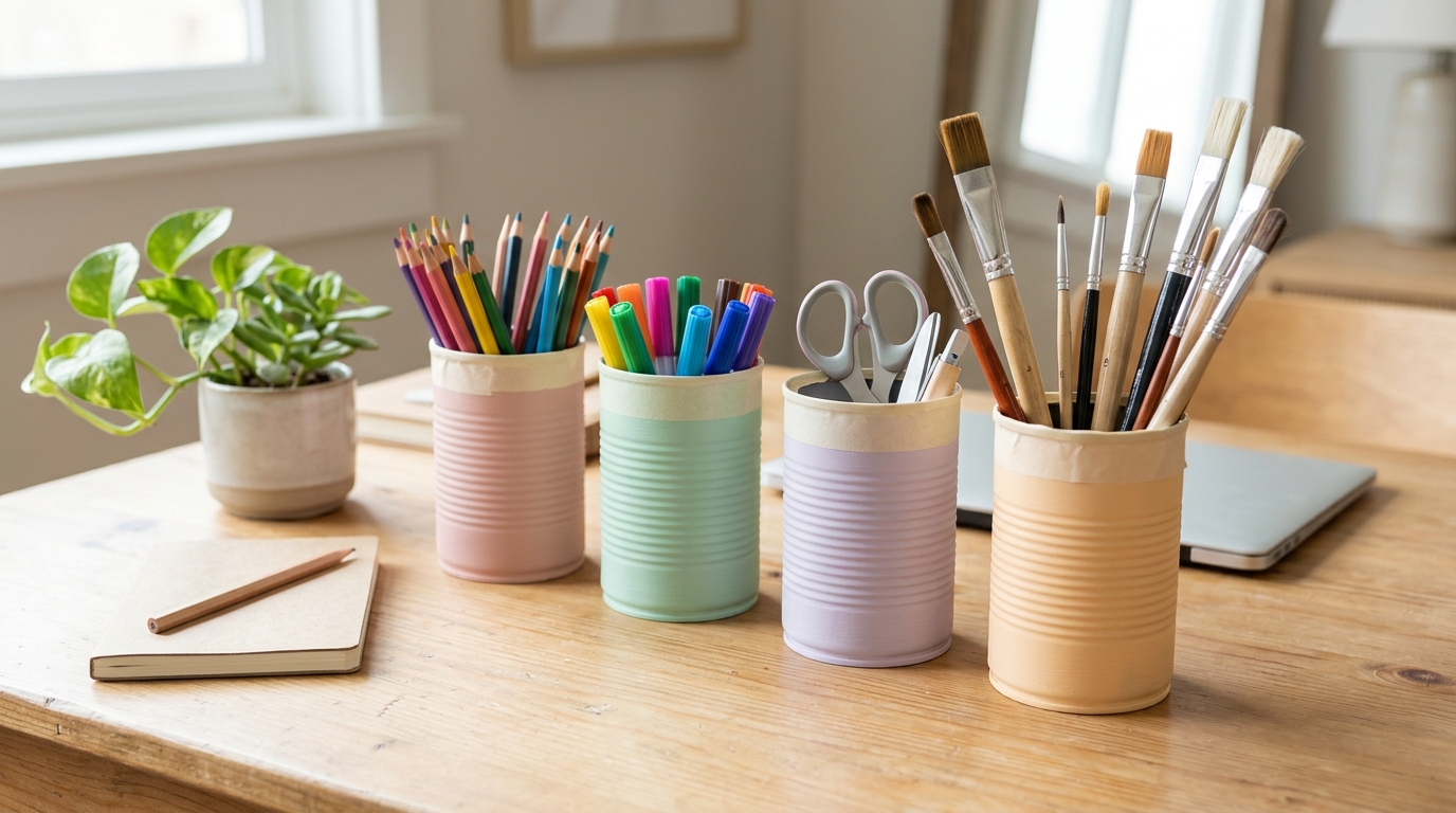 Pastel painted cans holding colored pencils, markers and brushes on a home desk