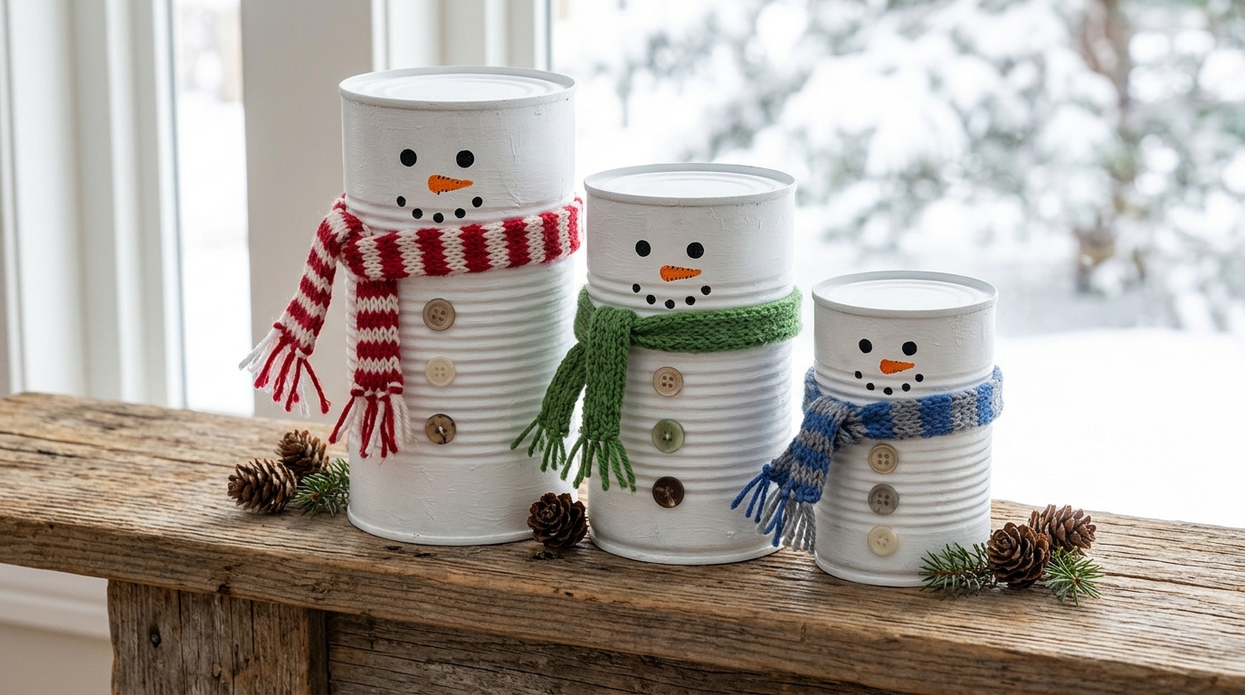 Tin can crafts snowman family painted white with knit scarves on a wooden mantel