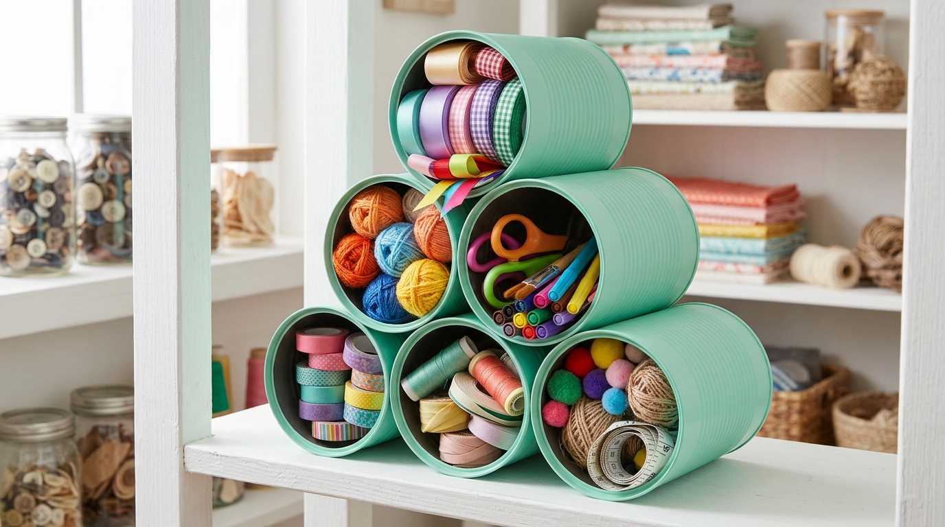 Mint green cans glued on their sides in a pyramid organizer holding ribbon and yarn