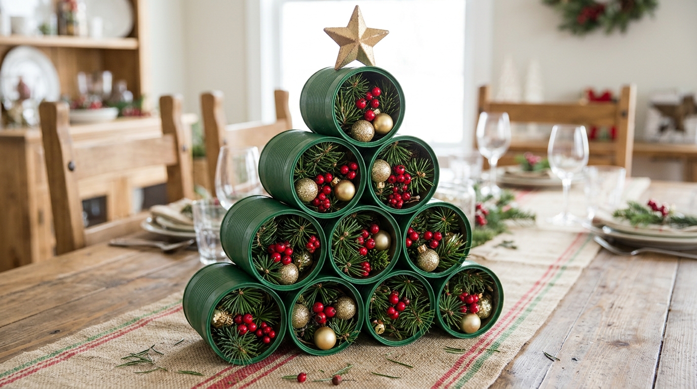 Tin can crafts Christmas tree centerpiece of green cans filled with pine sprigs and berries