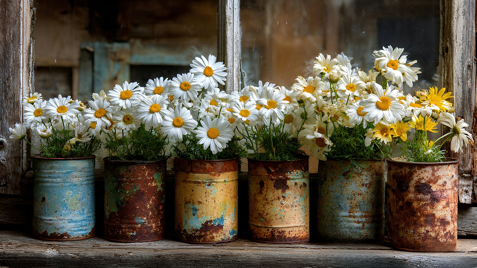 Rustic painted cans used as vases for white daisies on a wooden windowsill