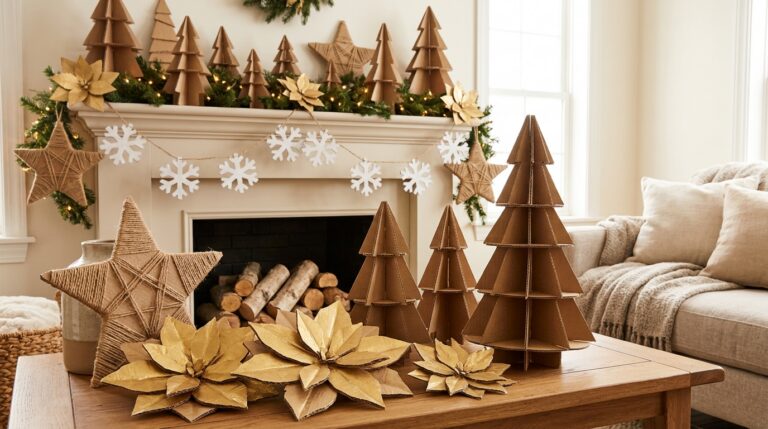 Cardboard Christmas decorations on a cozy mantel with gold poinsettias, kraft trees, a snowflake garland and a twine star