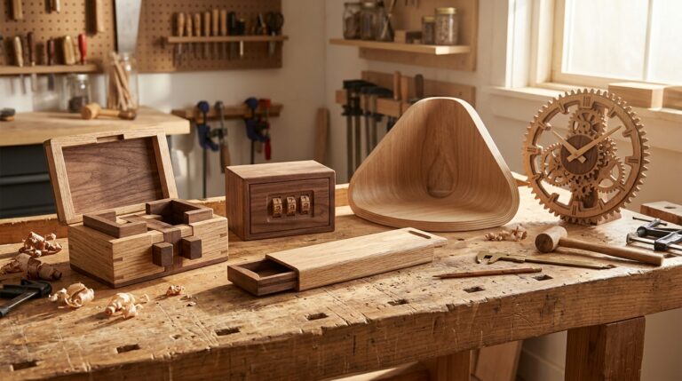 Clever woodworking ideas on a sunny workbench, including a puzzle box, a lock box, a sliding case and a gear clock