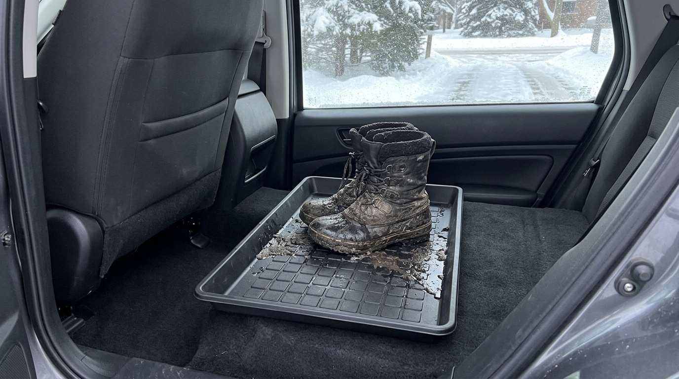 Car cleaning hacks for winter, a boot tray holding muddy snow boots behind the front seat