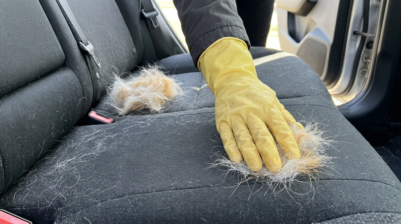 Car cleaning hacks for pet owners, a damp rubber glove gathering dog hair on a fabric back seat