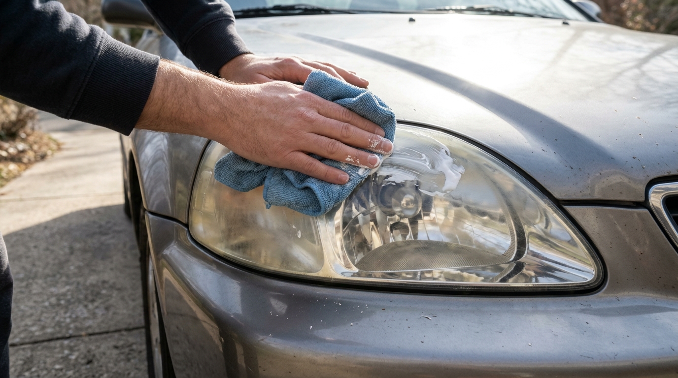 Person polishing a cloudy car headlight with a soft cloth and white toothpaste