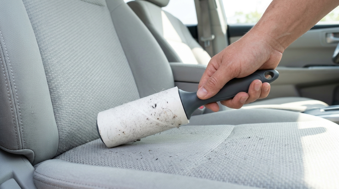 Car cleaning hacks with a lint roller on a light grey fabric seat